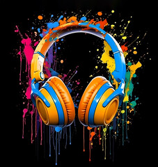 A yellow headphone with full color splash background with black background, perfect for T-shirt logo, clip art, and sticker