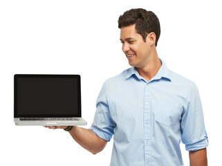 Aufkleber - Business man, computer screen and mockup presentation, advertising website or career application. Professional person or worker on laptop or job marketing space isolated on png transparent background