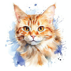 Wall Mural - Beautiful Watercolor Cat Pose on a White Backdrop