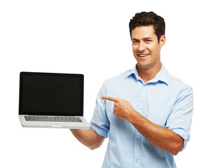 Aufkleber - Business man, computer screen and presentation, software mockup or ux design for website. Portrait of person or pointing to laptop, news or job marketing space isolated on png, transparent background