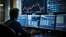 Businessman Stock Financial Specialist Trader Broker Working With Monitor Screen With Stock Chart And Indicator Man Working Hard To Make Decision For Risk And Wealth Management,ai Generate