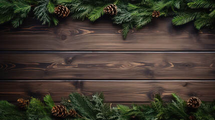 Wall Mural - Top View of Christmas Tree Garland and Decorations on a Vintage Wooden Background. Generative AI