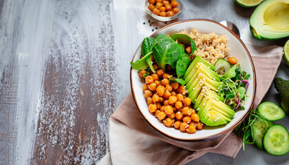 Wall Mural - Healthy vegetable lunch from the Buddha bowl with quinoa, avocado, chickpeas. healthy food dish for vegetarians.