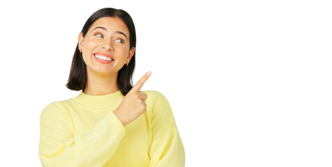 Sticker - Woman, pointing and advertising presentation of advice while isolated on a transparent png background. Happy model show promotion of deal, sale and announcement of news, review and feedback about us