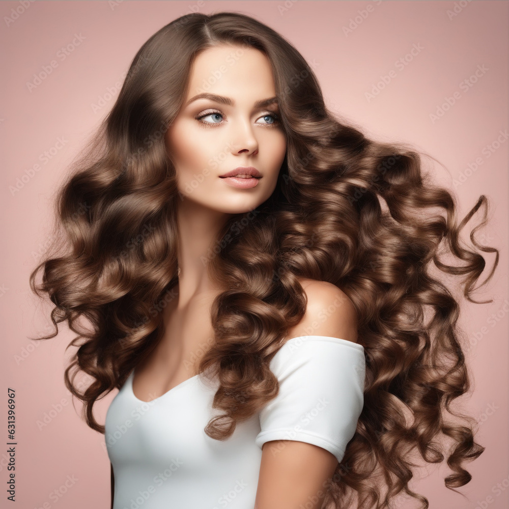 Beautiful woman in profile with long and shiny wavy hair . Beauty model ...