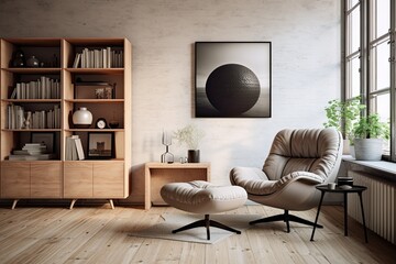Wall Mural - A modern Scandinavian living room with a trendy armchair, a sleek black poster frame, a stylish dresser, a wooden stool, a book, decorative items, a loft inspired wall, and personal accessories, all