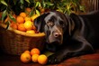 A Labrador retriever dog is resting on the floor next to a wicker basket, situated beside an orange tree. The branches of the tree are bearing citrus fruits, including ripe oranges and tangerines