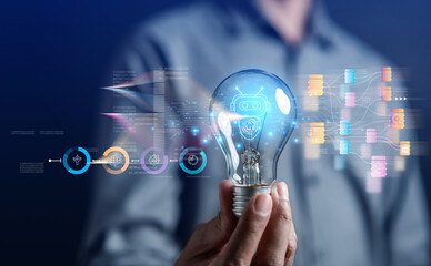 Aufkleber - Businessman using ai robot technology for data analytics, Artificial Intelligence generate. Futuristic technology, robot in online system. Business in future to invest and develop corporate concept.