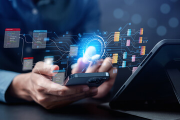 Aufkleber - Businessman using ai technology for data analytics, Artificial Intelligence generate. Futuristic technology, robot in online system. Business in future to invest and develop corporate concept.