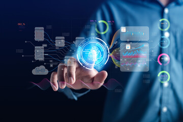Aufkleber - Businessman using ai technology for data analytics, Artificial Intelligence generate. Futuristic technology, robot in online system. Business in future to invest and develop corporate concept.
