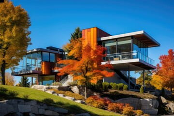 Canvas Print - A modern house exterior adorned with lively autumn hues against a picturesque backdrop of clear blue skies.