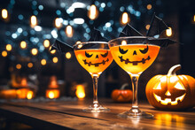 Two Pumpkin Martini On The Bar Counter With Pumpkin Lantern For Halloween Party. Festive Cocktails.