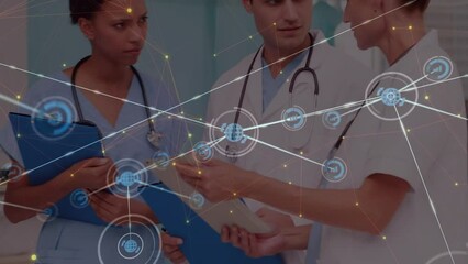 Poster - Animation of network of connections with icons over diverse doctors