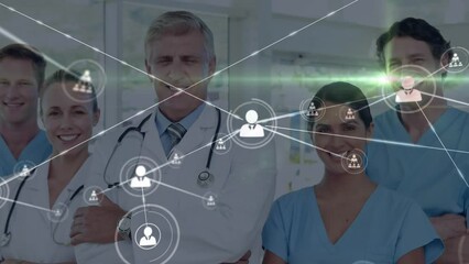 Poster - Animation of network of connections with icons over diverse doctors