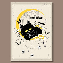 Happy Halloween Card With Black Cat Sleeping On The Moon