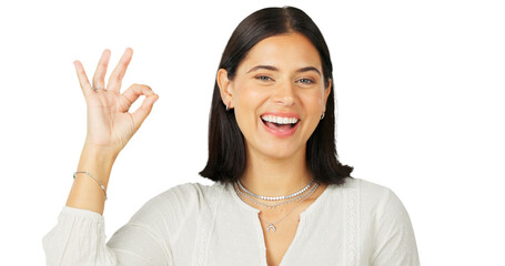 Sticker - Ok hand, portrait and a happy woman with agreement, trust and in praise of support. Sign, female model and smile for success, yes and review of perfect emoji isolated on a transparent png background