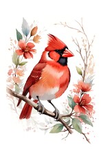 Watercolor Illustration Of Red Cardinal Bird On Branch With Flowers On White Background For Decoration Greeting Cards, Invitations, Prints, Textile Or Wall Art