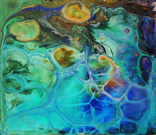 Colorful Blue And Green Wavy Texture. Abstract Acrylic Painting. Fluid Art.