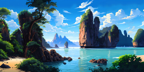 Wall Mural - Illustration of a beautiful view of James Bond Island, Thailand