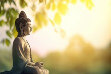Vesak Day Concept: Buddha Statue In Nature Sunset Blurred Background, Generative AI