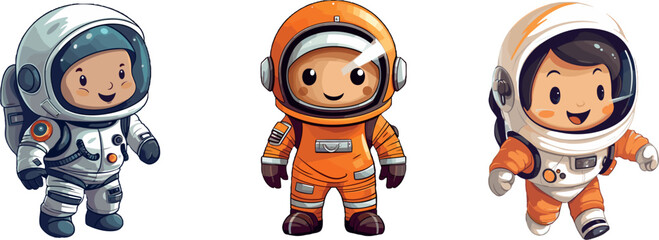 Set of cartoon characters astronauts kids in space suit, funny happy child, isolated on transparent white background vector