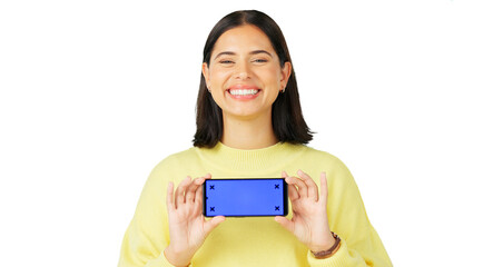 Sticker - Green screen, portrait and woman with a smartphone, smile or advertising isolated on a transparent background. Face, female person or model with a cellphone, mockup space or tracking markers with png