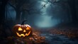 Scary Halloween pumpkin  standing along the path leading to the deep forest at deep night. Halloween  scary pumpkin in forest. Creepy glowing Halloween pumpkin in the dark forest. Halloween holiday