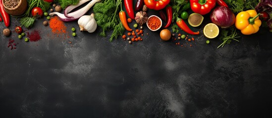 A picture of fresh vegetables, spices, and herbs on a black stone table, which is a background