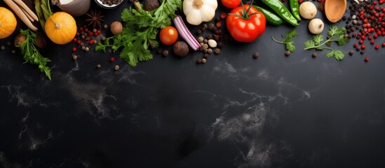 Aufkleber - A picture of fresh vegetables, spices, and herbs on a black stone table, which is a background