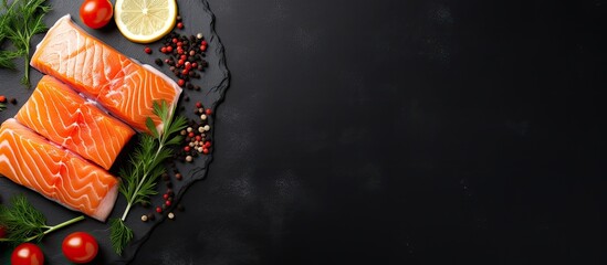 Poster - A raw fillet of fresh salmon with cooking ingredients on a black stone table, viewed from above.