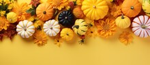 A Trendy Autumn Flat Lay With Vibrant Autumn Flowers, Pumpkins, And Pattypan Squashes Arranged