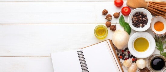 Poster - An open recipe book alongside various ingredients is placed on a white wooden table in a flat lay