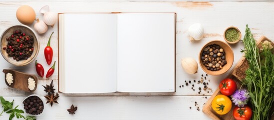 Poster - An open recipe book alongside various ingredients is placed on a white wooden table in a flat lay
