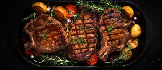 Poster - Barbecue grilled lamb and mutton chop steaks cooked in a pan with a black background. taken from