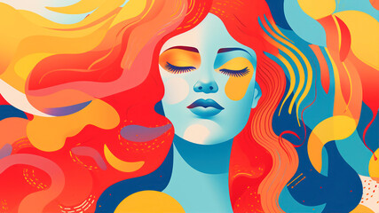 Wall Mural - Beautiful girl with colorful hair and abstract colorful background. Vector illustration.