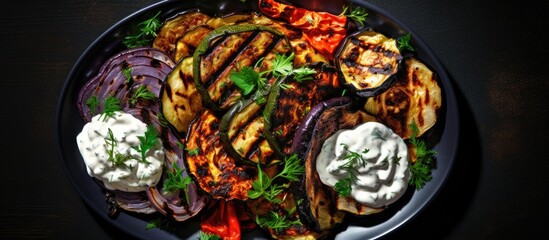 Poster - Grilled vegetables with yogurt sauce, viewed from the top with space for copy