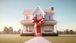 A new house adorned with a present bow signifies the cherished gift of homeownership, a joyous beginning filled with hopes and dreams.