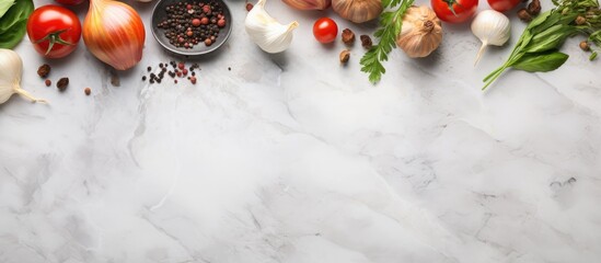 Poster - Ingredients for cooking such as black pepper, garlic, onion, greens, and tomatoes are placed on