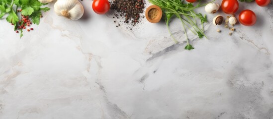 Poster - Ingredients for cooking such as black pepper, garlic, onion, greens, and tomatoes are placed on