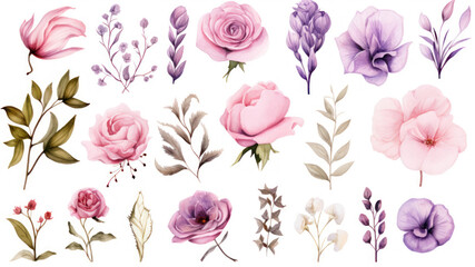 Poster - Set of watercolor floral elements isolated on white background. Hand drawn illustration