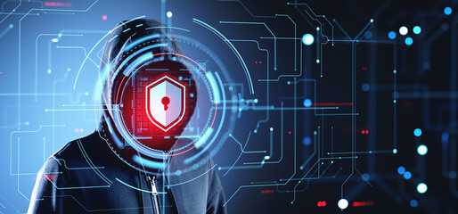 Poster - Hacker attack system and cybersecurity hologram with shield hologram and circuit