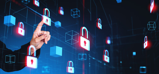 Poster - Woman hand using data protection and blockchain interface