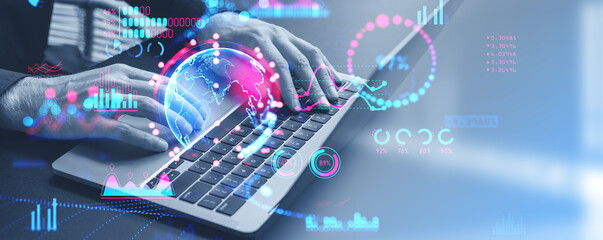 Poster - Businessman hands using laptop, big business data research and diagrams