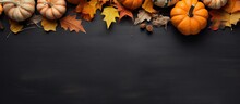 Dry Leaves And A Pumpkin On A Blackboard. It Is A Flat Lay View With Space To Add Text. It Is Suitable