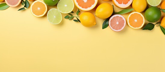 Poster - The background is made up of summer tropical fruits with leaves such as grapefruit, orange, tangerine,