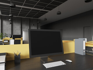 Poster - computer monitor on black and yellow table in open space office