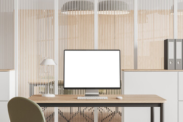 Poster - Business interior with pc desktop on table with mockup display, glass partition