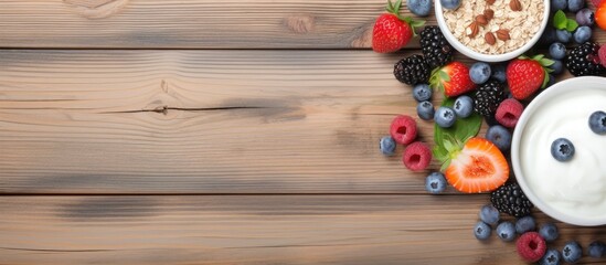 Poster - healthy breakfast consisting of cottage cheese topped with granola, dried fruits, and fresh berries.