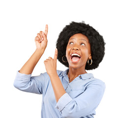 Wall Mural - Funny, pointing up and black woman with a smile, promotion and excited isolated on a transparent background. Female person, happy and model with gesture, sales and direction with png and opportunity