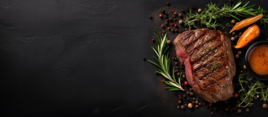 Poster - grilled ribeye beef steak seasoned with herbs and spices on a dark table, viewed from the top.